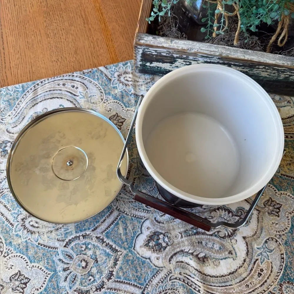 Stainless Steel Ice Bucket With Wooden Handle & Tongs Mid Century Modern Vintage